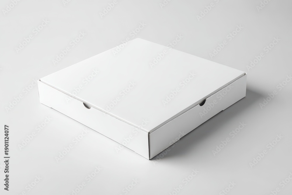 Naklejka premium Studio-shot, empty white pizza box centered on white backdrop, top view