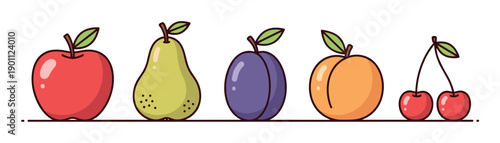 Various colorful fruits including an apple, pear, plum, peach, and cherries are neatly arranged in a delightful cartoon illustration.
