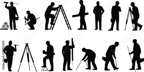 Surveyor and construction worker silhouettes set illustrating land surveying measurement tools ladder tripod activities isolated on white background vector