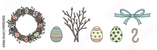 Hand drawn Easter spring holiday elements collection featuring a decorative wreath, colorful eggs, pussy willow branches, and a festive ribbon bow.