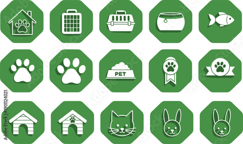 Pet care icon set with animals food bowls houses paws and accessories for veterinary services and pet shop design