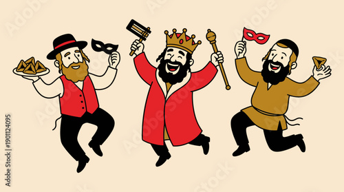 Joyful Purim Celebration Illustration. Three Jewish men in costumes jumping, holding Hamantaschen, grogger, and masks.