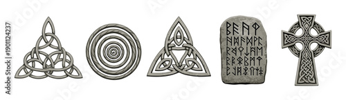 Various ancient Celtic and Norse symbols including intricate knots, a spiral, a runic stone, and a traditional cross, representing historical culture and spirituality.