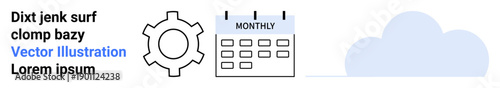 Gear beside a calendar labeled Monthly and a cloud shape. Ideal for workflow, strategy, management, scheduling, analytics, technology solutions, simple landing page
