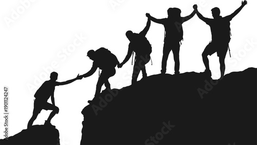 Teamwork success silhouette showing hikers helping each other reach mountain summit symbolizing leadership support achievement and collaboration isolated on white background