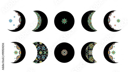 Moon phases with floral patterns and stars on white background