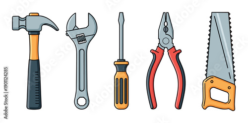 Various essential hand tools for construction and repair work are neatly arranged in a colorful cartoon illustration, representing craftsmanship and DIY projects.