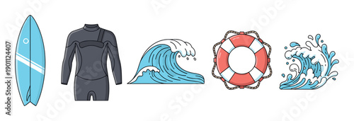 Surfboard wetsuit waves and lifebuoy are essential items for water sports, ocean safety, and beach activities, depicted in a vibrant vector illustration.