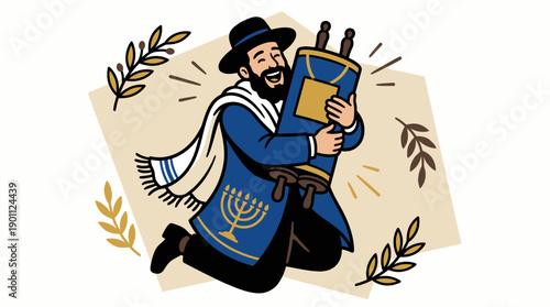 Joyful Jewish Man Dancing with Torah Scroll for Simchat Torah Celebration. Cartoon Vector Illustration of Faith and Happiness.