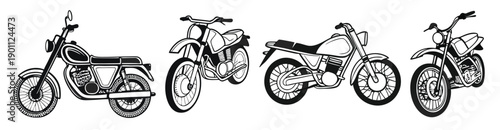 four motorcycles are shown in black and white