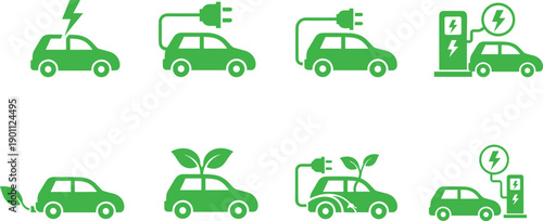 Green electric car charging icons set showing eco friendly transportation renewable energy concept for sustainable mobility illustration design