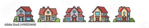 Set of five colorful cartoon houses with red roofs and black outlines, showing different residential building designs in a simple, flat vector illustration style for real estate concepts