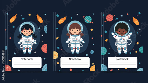 Set of three cute notebook cover designs for children, featuring diverse astronaut kids floating in space with planets and stars.