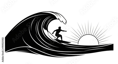 Surfer riding a large ocean wave at sunset silhouette.