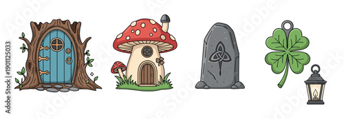 Whimsical fantasy elements and magical objects including a charming fairy door, mushroom house, Celtic stone, lucky clover, and glowing lantern.