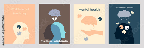 World Mental Health Day. A set of postcards.The content is used in social
networks, articles, blogs about psychology, etc.