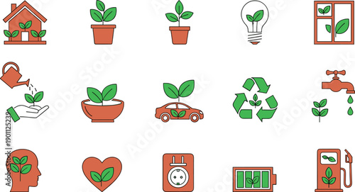 Eco friendly sustainability icon set with green energy recycling plant care environment conservation symbols for modern flat illustration design