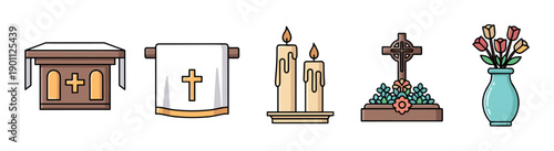 Religious memorial service vector icon set with a church altar, cross symbol, lit candles, grave marker, and flower vase in a simple and colorful line art illustration