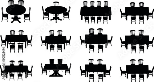 Silhouettes of various dining tables and chairs in modern settings