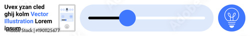 User interface, innovation, multimedia, progress bar, energy ideas, design tools. Horizontal slider control with circular knob and lightbulb icon. User interface and innovation concepts