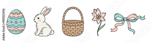 Collection of cute hand-drawn Easter illustrations featuring a decorated egg, a white bunny, a wicker basket, a daffodil flower, and a ribbon bow in a pastel color palette