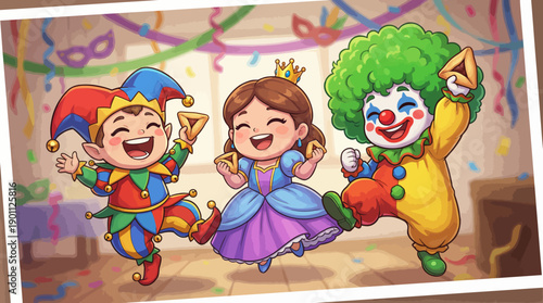 Joyful Cartoon Purim Celebration: Cute Jester, Princess, and Clown Characters Dancing with Traditional Hamentaschen Cookies