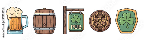 Collection of Irish pub themed icons including a beer mug, wooden barrel, shamrock sign, Celtic knot, and clover shield in a fun cartoon illustration style for a holiday celebration
