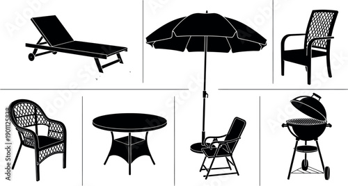 Outdoor furniture set with lounge chair, umbrella, and grill