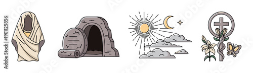 Collection of four religious Christian icons for Easter depicting the resurrection story with a shrouded figure, empty tomb, celestial sky, and a cross with a lily