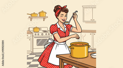 Pop Art Retro Woman Chef Cooking and Seasoning in Vintage Kitchen. Pin-Up Housewife in Polka Dots Dress Tasting Soup.