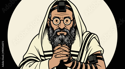 Graphic Illustration of a Jewish Man Praying with Tallit and Tefillin. Religious Elder in Devout Worship, Pop Art Style.