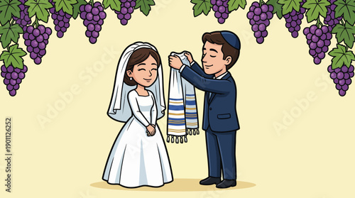 Cartoon of Jewish Wedding Ceremony. Happy Bride and Groom with Tallit, Kippah, and Veil. Traditional Jewish Couple under Grape Vines.