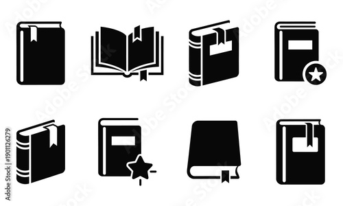 Collection of black and white book icons in various orientations and states