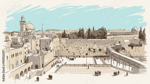 Western Wall (Kotel), Jerusalem. Hand-Drawn Sketch Illustration of the Holy Site Plaza, Ancient Architecture, and Old City Skyline.