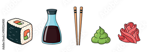 Sushi meal set illustration with a maki roll, soy sauce, chopsticks, wasabi, and pickled ginger in a simple cartoon doodle style for Asian cuisine concepts