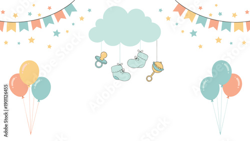 Cute baby shower background with yellow and blue balloons, festive bunting, and a cloud mobile featuring baby items like a pacifier and rattle.
