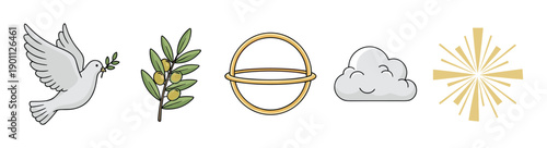 Collection of Christian spiritual symbols featuring a peace dove, olive branch, golden halo, smiling cloud, and divine light rays in a clean, simple illustration style
