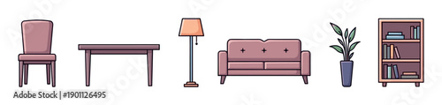 Collection of illustrated home furniture items including a chair, table, sofa, lamp, plant, and bookshelf in a simple, flat cartoon style with a thick outline