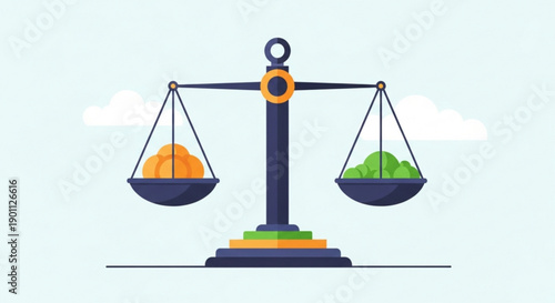 Balance scale with orange and green weights on either side symbolizing harmony and equality in a light blue background with clouds