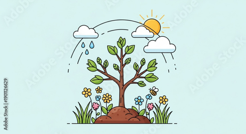 A young tree grows with green leaves and colorful flowers under sunny and rainy weather conditions