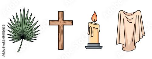 Collection of Christian religious symbols including a palm frond, wooden cross, lit candle, and burial shroud, representing the holy week and Easter in a flat illustration style