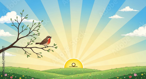 Bird perches on tree branch at sunrise over green hills with colorful flowers and blue sky