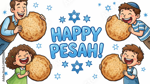 Happy Passover Pesah Greeting: Joyful Family Eating Matzah Cartoon Illustration with Star of David Symbols