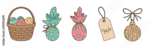 Charming illustrated set of Easter decorations including a wicker basket with painted eggs, gift pouches with hearts, a tag, and a wooden ornament with a bow