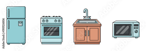Set of four kitchen appliances including a refrigerator, stove, sink, and microwave in a simple colorful cartoon illustration style with bold black outlines for a clean design