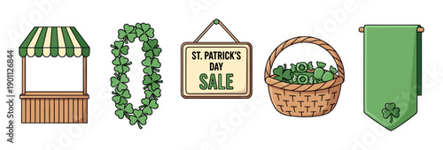 Set of five cartoon St. Patrick's Day icons featuring a festive market booth, shamrock necklace, sale sign, wicker basket with candy, and a green pennant decoration