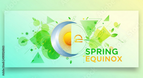 Vibrant spring equinox banner with crescent moon and sun symbol green leaves abstract shapes on gradient background representing renewal and seasonal change