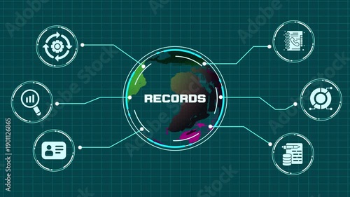 Digital records management concept with secure data storage, information tracking and enterprise governance system.