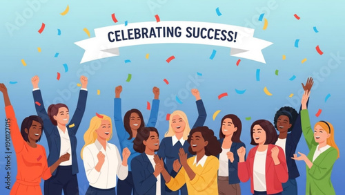 Diverse group of business professionals celebrating success with confetti and banner