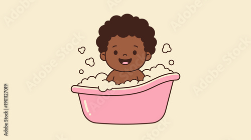 Adorable Black Baby Taking a Bubble Bath in a Pink Tub. Cute Cartoon Illustration of Happy Infant during Bath Time Routine.